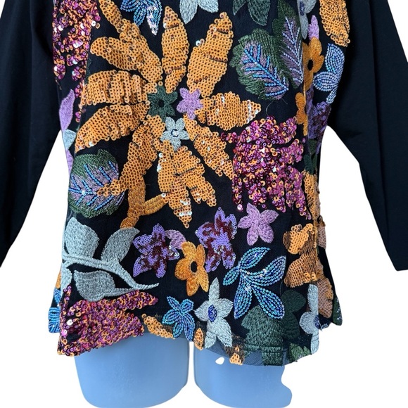 AZI New York Black Top L Sequin Beaded Embroidered Glam Party Evening Maximalist - Picture 4 of 8